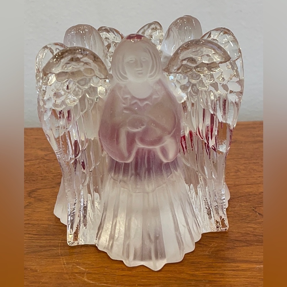 Vintage "Home for the Holidays" Frosted & Clear Glass Three Angel Votive Holder